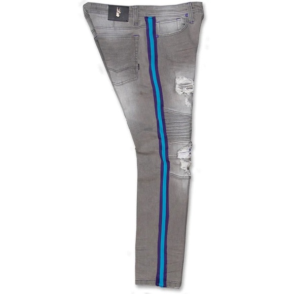 Makobi USA M1986 OZARKS SHREDDED JEANS W/ SIDE TAPES - GRAY WASH - Picture 1 of 3